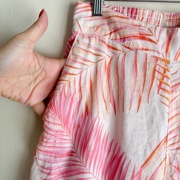 Tahari Pink + Orange Palm Print Linen Wide Leg Pull On Pant Small Beach Vacation - Picture 3 of 8